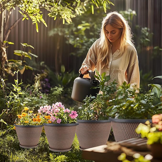 4 Pack 10 inch Plant Pot for Outdoor Indoor, Plastic Flower Pots with Drainage Holes & Saucers, Lightweight Large Outdoor Planter Pot, Imitation Knit Pots for Garden House Planters (Black Copper)