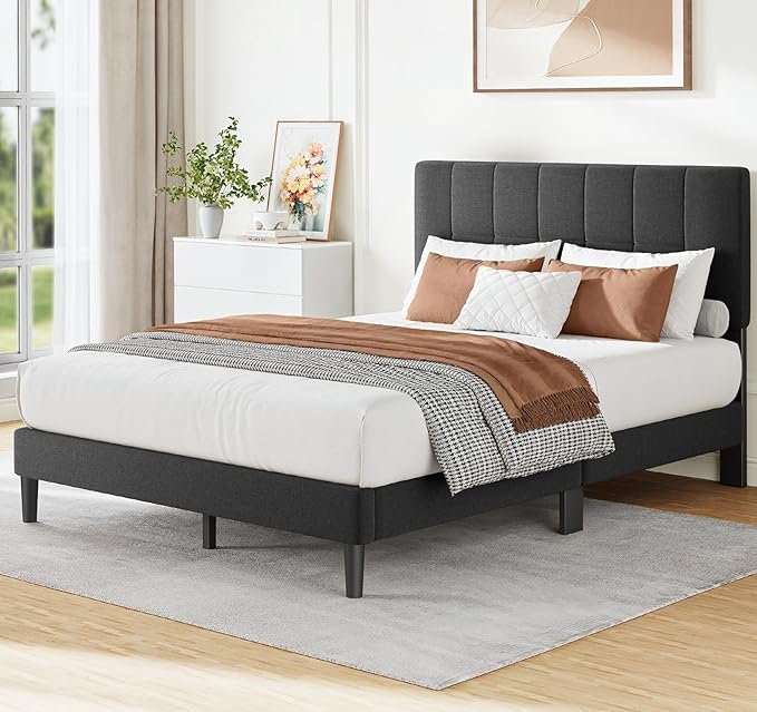Amada Full Platform Bed Frame with 12 Thickened Legs & Adjustable Fabric Upholstered Headboard, Solid Wooden Support 1300 Lbs Weight Capacity, No Box Spring Needed/Easy Assembly/Underbed Storage