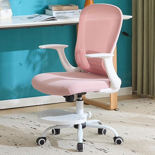 Kids Desk Chair Ergonomic Study Chair Swivel Mesh Desk Chair with Adjustable Arm Height Footrest Wheel Computer Home Office Chair for Children Boys Girls Students Bedroom School Age 5-13 Pink