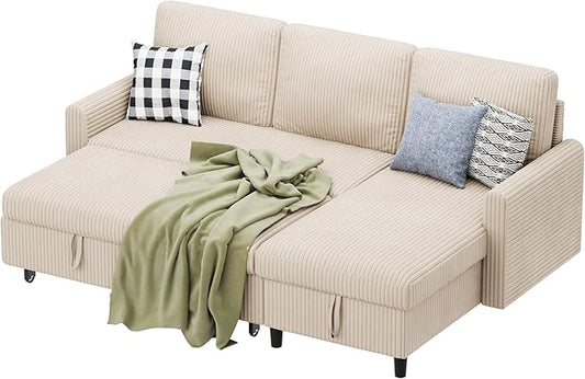 Shintenchi Sofa Couch, Pullout Sofa Bed,2 in 1 Pull Out Couch Bed with Storage Chaise for Living Room,Sleeper Sofa Couches Linen Sectional Sofa,White