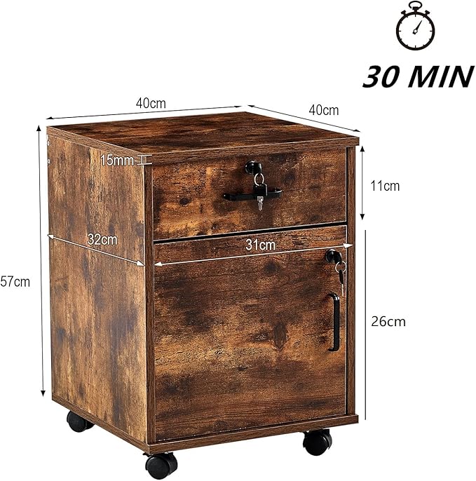 Mobile File Cabinet with Lockable Drawer & Door, Under Desk Storage Cabinet with 360°Swivel Wheels, Wooden Stationery Storage Cabinet for Legal/Letter/ A4 Documents (Brown)