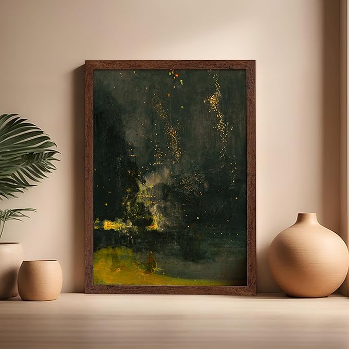 Poster Master Vintage Nocturne in Black and Gold Painting Poster - Retro The Falling Rocket Print - Abstract Art - Moody Art - Landscape Art - Office or Living Room Decor, 16x20 Brown Framed