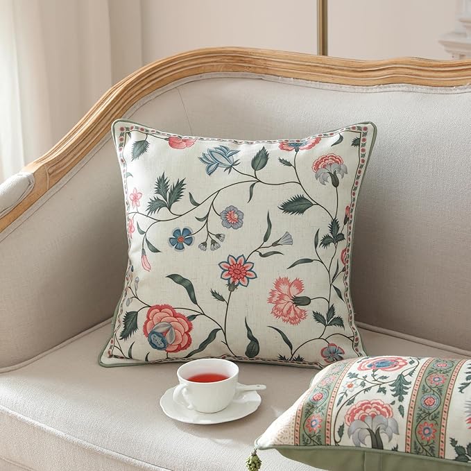 Design Square Retro Elegance Linen Throw Pillow Covers 18"x18" Pack of 2, Green Pink Floral Pattern Cushion Covers Decor Pillowcases for Bed,Living Room,Outdoor,Car