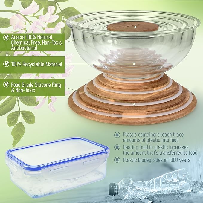 Stackable Space-Saving Set of 5 Nesting Glass Bowls with Acacia Lids for Foodprep, Storage, Mixing & Cooking - Microwave & Oven-ready BPA Free Durable Heat Resistant Inert Borosilicate Glass