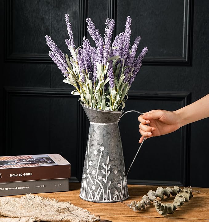 Vintage Galvanized Metal Pitcher Vase, Farmhouse Rustic Flower Vase with Handle, Decorative Floral Milk Jug Vase for Home Décor, 10.8’’H