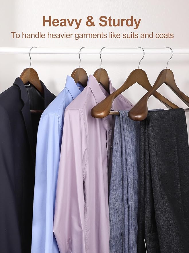 HOUSE DAY Wood Suit Hangers for Men, Smooth Wide Shoulder Wooden Hanger with Non Slip Pant Holder, Wide Hangers for Suits, Coats, Jackets, Heavy Wide Clothes Hanger 2 Pack, Walnut