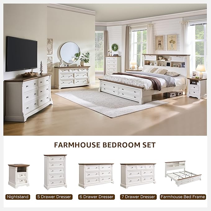 Farmhouse King Size Bed Frame with 54" Tall Storage Bookcase Headboard, Wood Platform Bed Frame with 2 Drawers & 18" Tall Roman Column Decoration Footboard, No Box Spring Needed(Antique White)