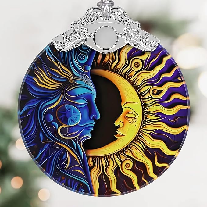 Sun Moon Christmas Ornament - Stained Glass Hanging Decoration for Holiday Tree, Home Decor, Gift Exchange Idea - Sun and Moon Last Forever