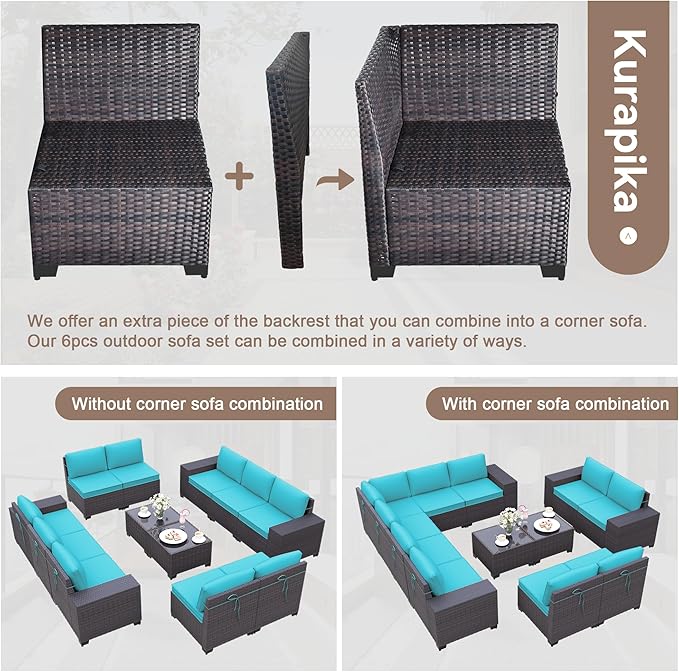 Kurapika 12 Pieces Patio Furniture Set, Rattan Wicker Outdoor Conversation Sets w/4 Inch Cushion and Glass Coffee Table(Blue)