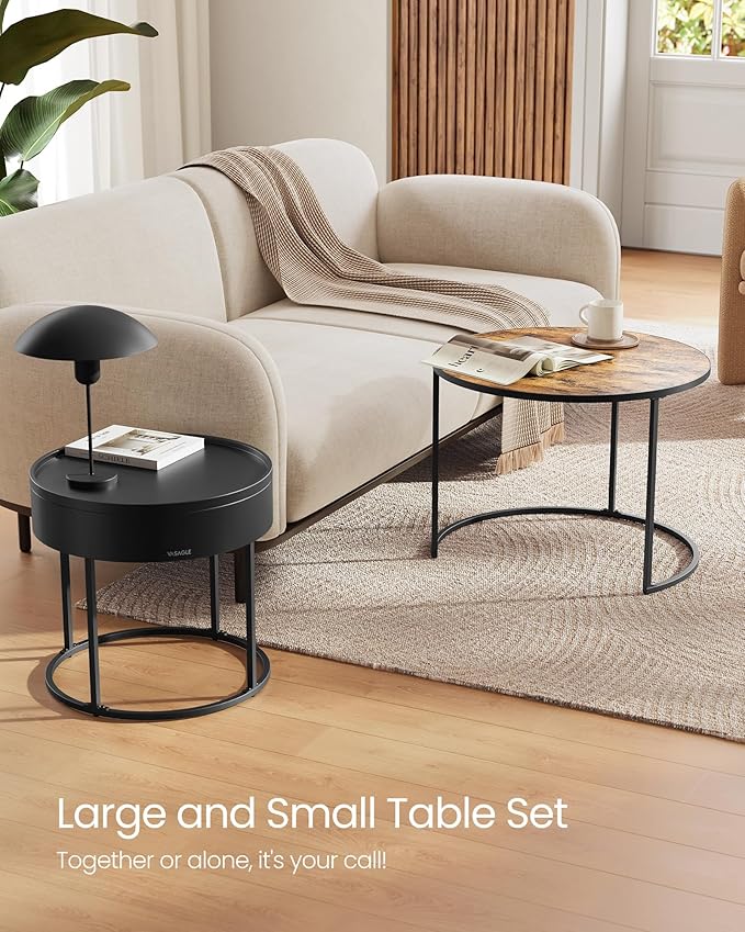 VASAGLE Round Coffee Tables, Set of 2 Nesting Tables, Modern Round Side Tables with Hidden Storage and Top Tray, for Living Room, Bedroom, Office, Rustic Brown and Ink Black ULCT044K01