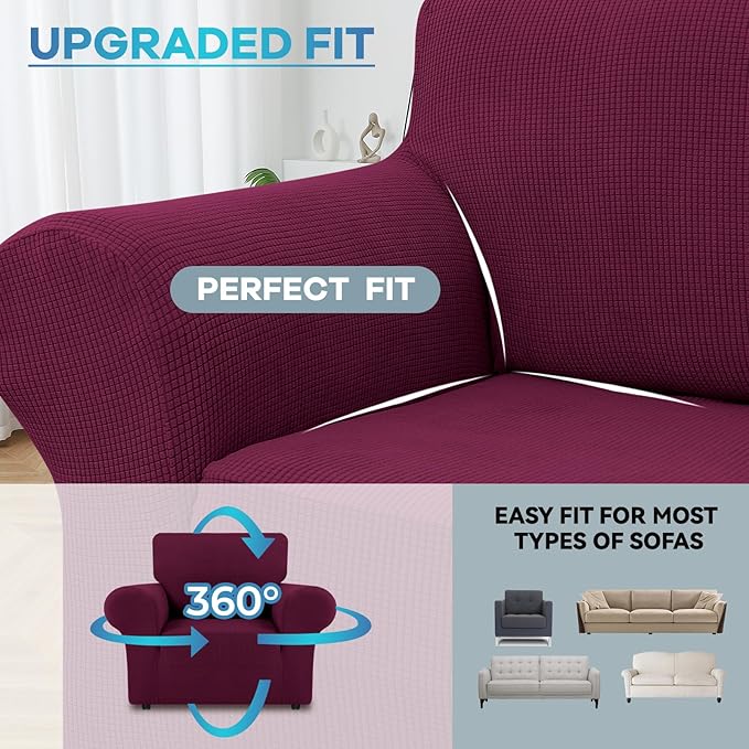 LURKA Stretch Chair Sofa Slipcovers 1 Piece Couch Covers for Sofa Furniture Protector Full Sofa Covers with Elastic Bottom for Kids and Dog (Small, Wine)