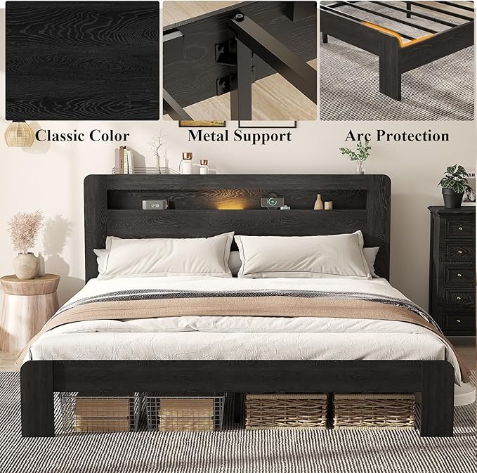 Wooden Bed Frame King Size with Storage Headboard - Farmhouse Platform Bed Frame with Bookcase Shelf & Led Lights, Sturdy Wood Slat Framework Bed Frame (Black LED)