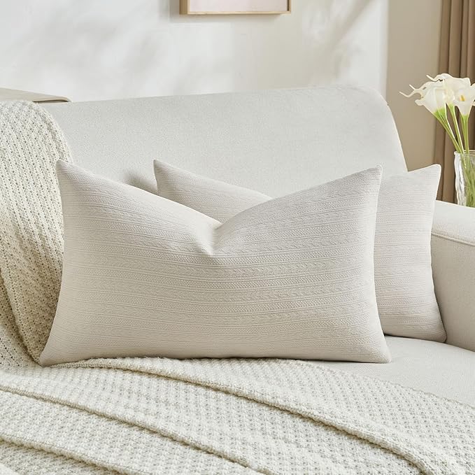 FUTEI Beige Decorative Throw Pillow Covers 12x20 Inch Set of 2,Soft Cozy Wheat Ear Striped Patterns Lumbar Pillow Cases,Modern Home Decor for Couch Bed Living Room