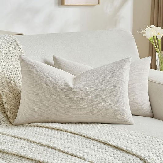FUTEI Beige Decorative Throw Pillow Covers 12x20 Inch Set of 2,Soft Cozy Wheat Ear Striped Patterns Lumbar Pillow Cases,Modern Home Decor for Couch Bed Living Room