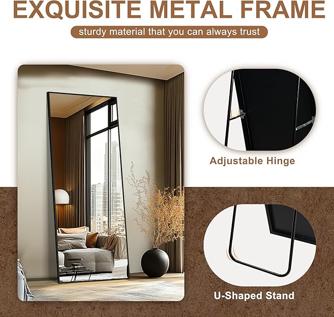 Delma Standing Full Length Mirror with Aluminium Frame for Bedroom Bathroom Living Room(with Stand,70x35-Black)