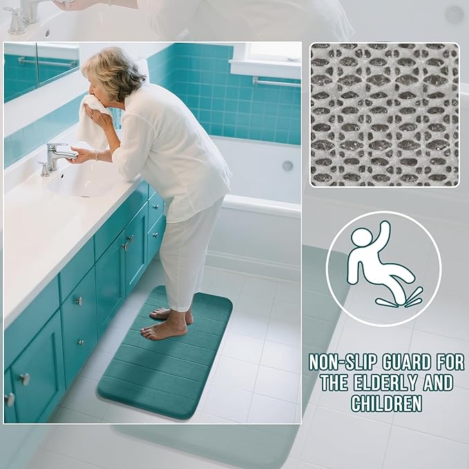 Yimobra Teal Bath Mat 31.5x20 Inch, Super Soft Absorbent Memory Foam Bathroom Rug Non Slip, Quick Dry, Machine Washable Floor Carpet for Tub Shower, Home Decor Accessories
