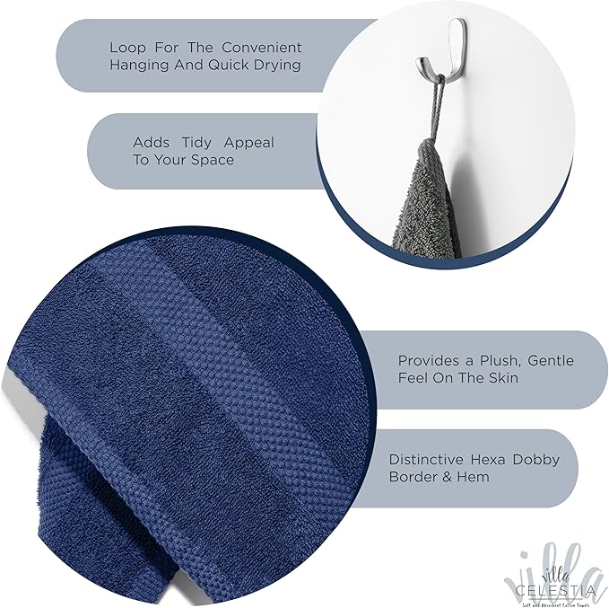 100% Cotton Wash Cloth for face & Body Set of 12, (12 x 12 inches) Sustainable, Soft, Highly Absorbent, Combed Cotton Wash Cloths Pack of 12 for Hotels, Spa, Bathroom, Dorm, Navy Blue