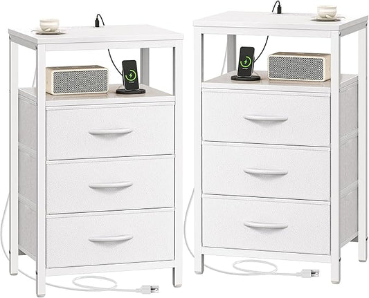 Huuger Nightstands Set of 2, 27.6 Inch End Tables with Charging Station, Bedside Tables with Drawers, PU Leather Finish, USB Port and Outlet, Night Stands for Bedroom, White
