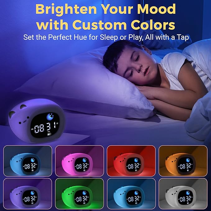 Bumble & Bright Go & Glow Cat App Control Kids Alarm Clock – Digital Sleep Trainer with USB-C Corded, 8 Night Light Colors, 6 Soothing Sounds, 12/24H Routine Trainer, Gift for Boys & Girls