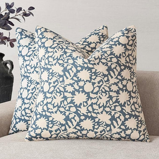 Foindtower Set of 2 Decorative Neutral Floral Throw Pillow Covers Accent Farmhouse Cushion Covers Boho Vintage Pillowcase for Couch Sofa Bedroom Living Room Home Decor Outdoor,18×18 Inch,Dusty Blue