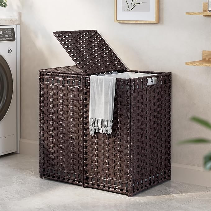 170L Foldable Laundry Hamper with Lid - Handwoven Rattan Storage Basket, 2-Section Clothes Hamper w/2 Removable Liner Bags, Easy Assembly, Portable for Bedroom Bathroom Dorm,Brown