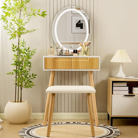 Small Vanity Desk with Mirror and Lights, Wooden Handles with Cushioned Stool, 3 Lighting Modes Round Makeup Table with Upgraded Silent Slides, Compact Vanity for Small Spaces, Natural Oak