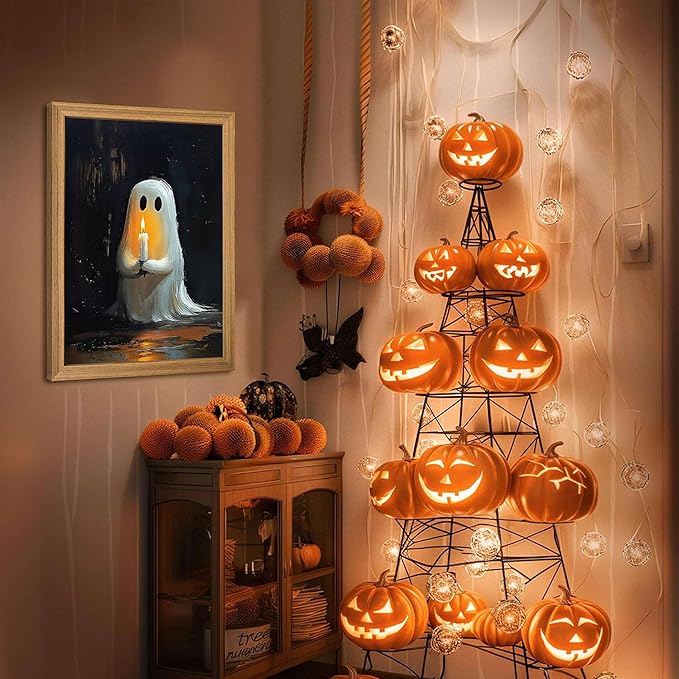 Framed Vintage Halloween Ghost Wall Art - Spooky Candle Ghost Fall Texture Pictures Wall Decor for Living Room, Kids Room, Halloween Bedroom or Party 16x24 inch