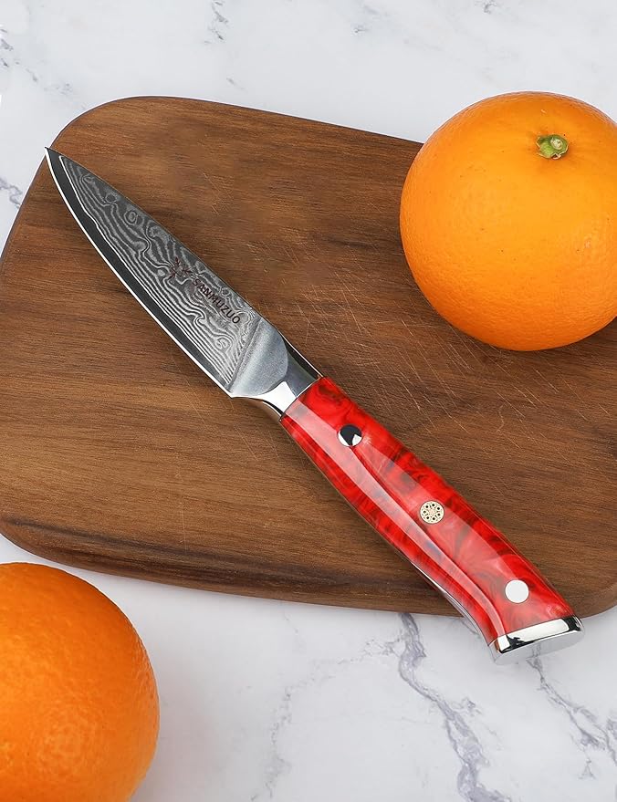 3.5 Inch Paring Knife - Kitchen Fruit Vegetable Knife Damascus Steel & Resin Handle - Xuan Series (Sunset Red)