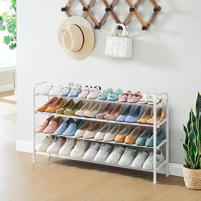 Shoe Rack for Closet,4 Tier Shoe Organizer, 28“ Metal Shelf Can Expandable to 42“, for Bedroom, Entryway, Living Room, Garage, Adjustable to 24 Pairs Shoes, White