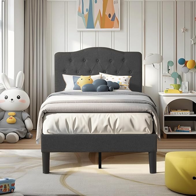 VECELO Twin Size Bed Frame Upholstered Platform with Tufted Adjustable Headboard/Mattress Foundation with Wood Slat Support, Easy Assembly,Grey