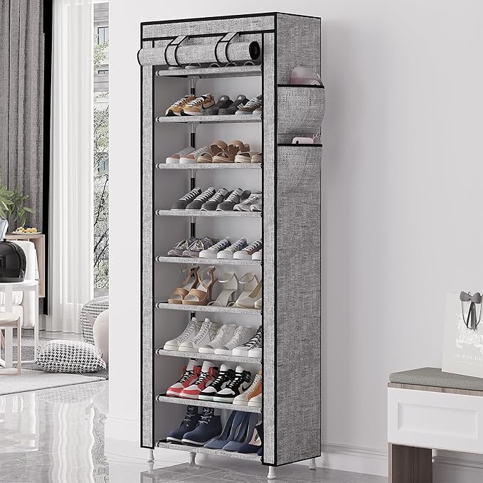 Calmootey 9 Tier Shoe Rack Organizer,Portable Shoe Shelf with Nonwoven Fabric Cover for Closet Hallway,Bedroom,Entryway, Ash Grey
