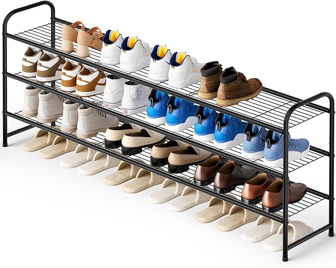 KEETDY 3-Tier Long Shoe Rack for Closet Metal Shoe Organizer for Entryway, Wide Stackable Shoe Storage Shelf with Sturdy Wire Grid for Closet Floor, Bedroom, Black