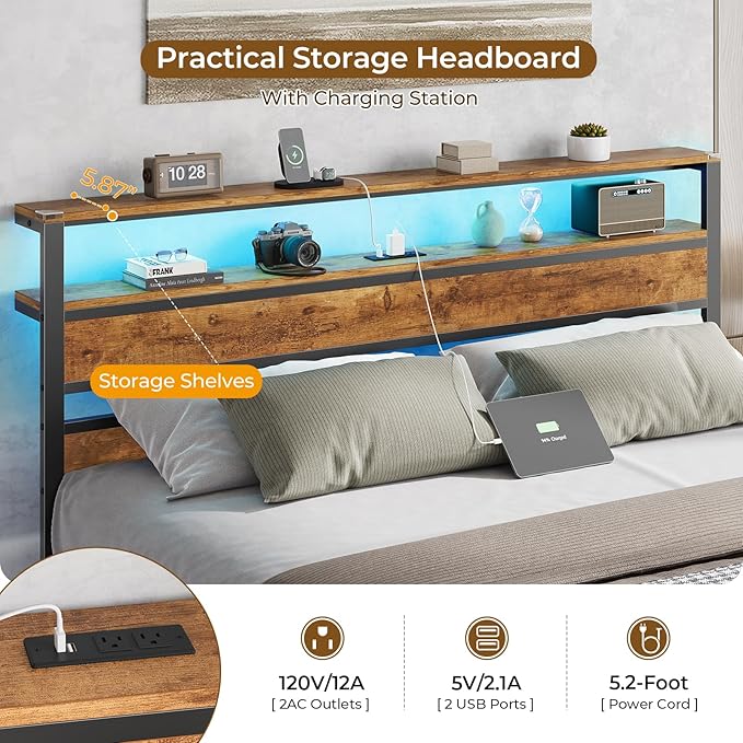 Hasuit Queen Bed Frame with Headboard LED Lights, Queen Size Bed with Charging Station 2-Tier Storage Shelves, Metal Platform Bed with Heavy Duty Slat, Fast Assembly, No Box Spring Needed, Noise Free