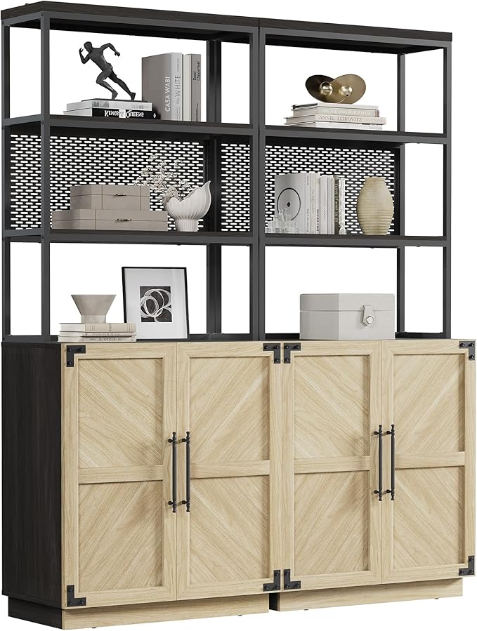 SICOTAS Tall Bookshelf with Storage Cabinet - Modern Book Shelf with Doors and Shelves, 5 Tier Bookcase with Metal Frame Industrial Large Book Case for Home Office, Living Room, 75 Inch, Sand Beige