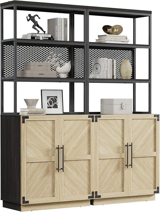 SICOTAS Tall Bookshelf with Storage Cabinet - Modern Book Shelf with Doors and Shelves, 5 Tier Bookcase with Metal Frame Industrial Large Book Case for Home Office, Living Room, 75 Inch, Sand Beige