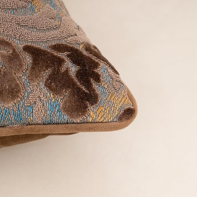 Alerfa Boho Brown Floral Throw Pillow Cover 18x18 Inch Cut Velvet Sqaure Luxury Embroidered Decorative Pillow Cover for Couch Living Room Bedroom