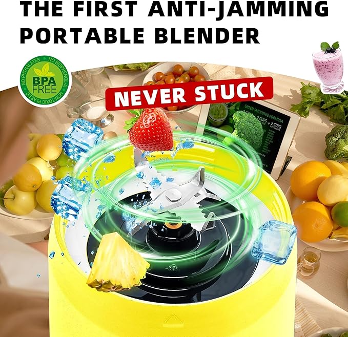 Portable Blender, Anti-Jamming 300 Watt for Shakes and Smoothies, 24oz Travel Blender USB Rechargeable, BPA Free Sporty bottle with a Travel Lid. (Black Base Grey Lid) (Yellow Base Green Lid)