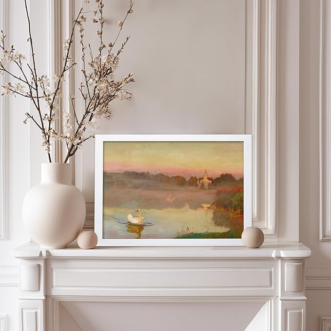 Poster Master Vintage Pond in Radziejowice Poster - Retro Swan Print - Lake Art - Landscape Art - Farmhouse Art - Animal Lover Art - Aesthetic Living Room or Office Decor, 8x10 White Framed
