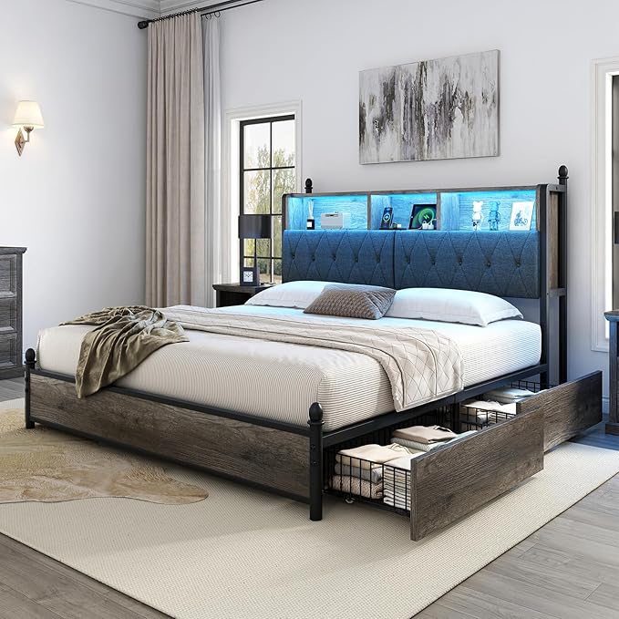 AMERLIFE King Size Bed Frame with Bookcase Headboard and 4 Storage Drawers, Wooden Platform Bed with Charging Station and LED Light, No Box Spring Needed/Noise-Free, Gray