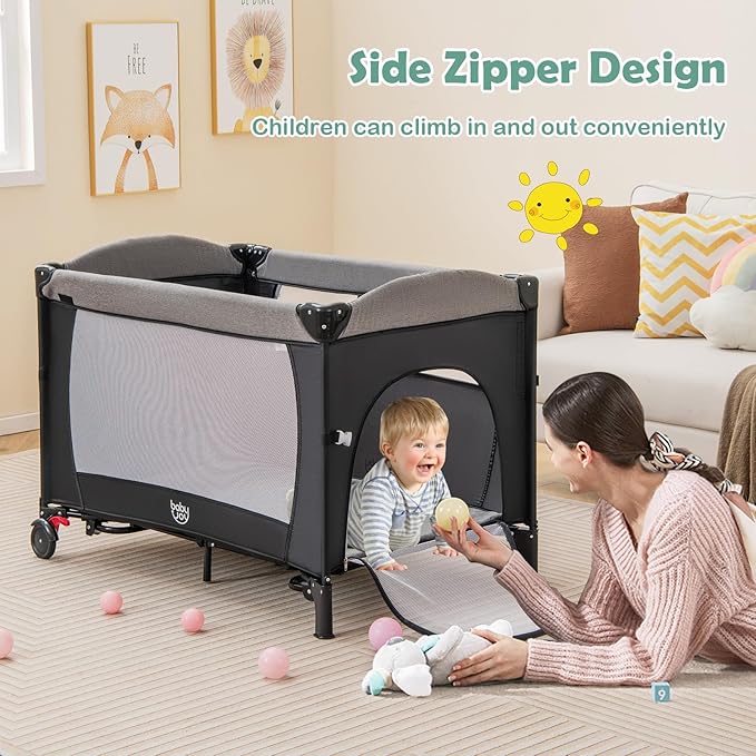 BABY JOY 5-in-1 Pack and Play, Baby Bedside Sleeper with Bassinet, Multifunction Bedside Crib from Newborn to Toddlers, U-Shaped Diaper Changer, Playard, Safety Strap, Music Box & Hanging Toys