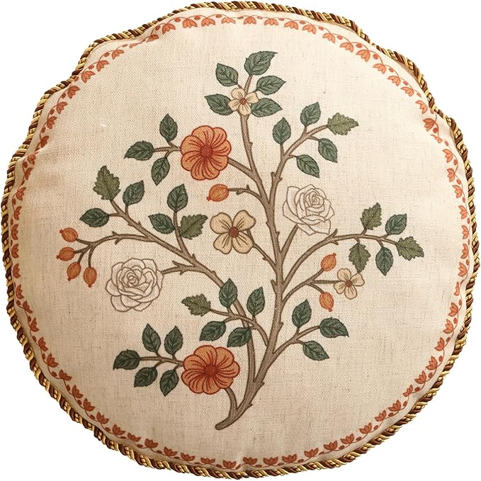 Design Linen Classic Throw Pillow Covers Diameter 16", French Farmhouse Round Cushion Covers with Orange White Floral Pattern Decor Pillowcases for Bed,Living Room,Outdoor,Car