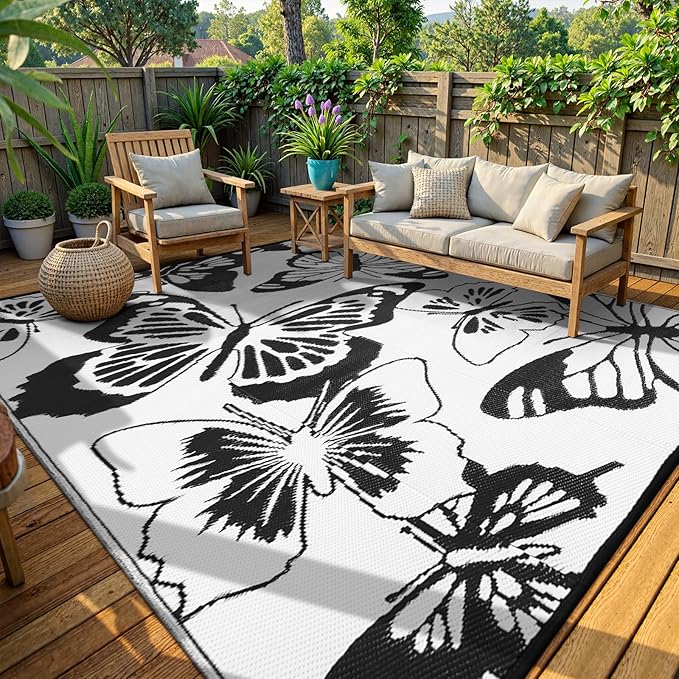 Beeiva Butterfly Outdoor Patio Rug 9x12, Waterproof Reversible Plastic Straw Rug, Outside Mats for Camping, Deck, Balcony, Backyard - Black & White