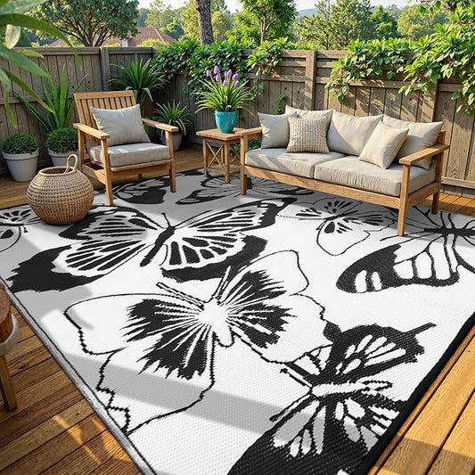 Beeiva Butterfly Outdoor Patio Rug 9x12, Waterproof Reversible Plastic Straw Rug, Outside Mats for Camping, Deck, Balcony, Backyard - Black & White