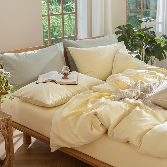 MooMee Bedding Duvet Cover Set 100% Washed Cotton Linen Like Textured Breathable Durable Soft Comfy (Heathered Butter Yellow, King 104"x90")