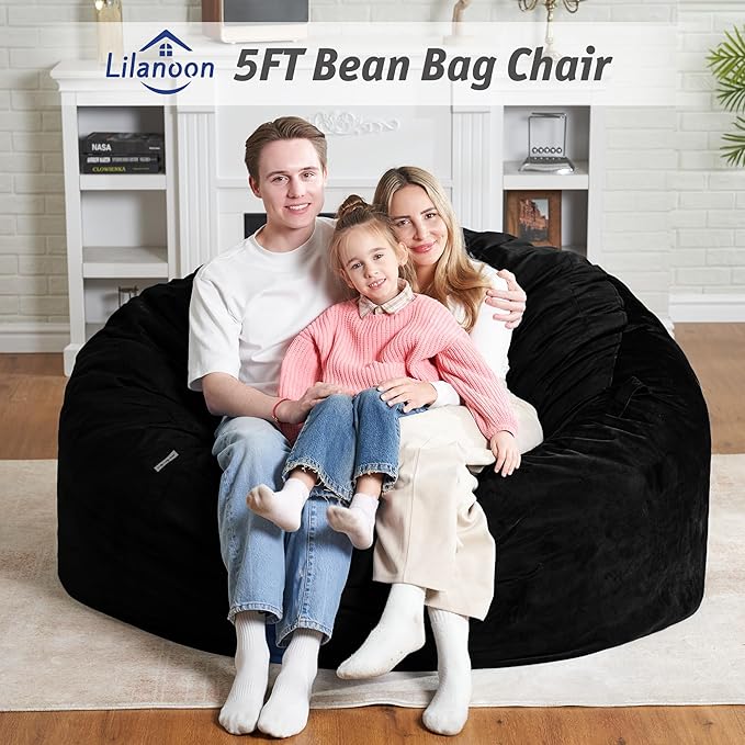 5FT Bean Bag Chair with Ultra Soft Velvet Cover Bean Bag Sofa with Memory Foam Bean Bag Chairs with Large Size Lazy Sofa for Dorm Office Living Room Bedroom Black 5'