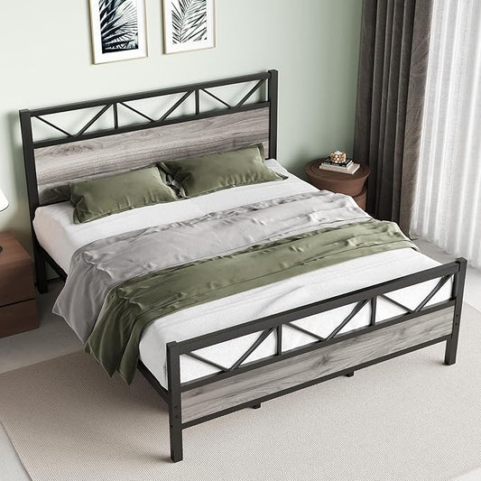 King Size Bed Frame with 51.2" Tall Headboard, Platform Bed Frame with Metal Support, Solid and Stable, Noise Free, No Box Spring Needed, Wash Grey