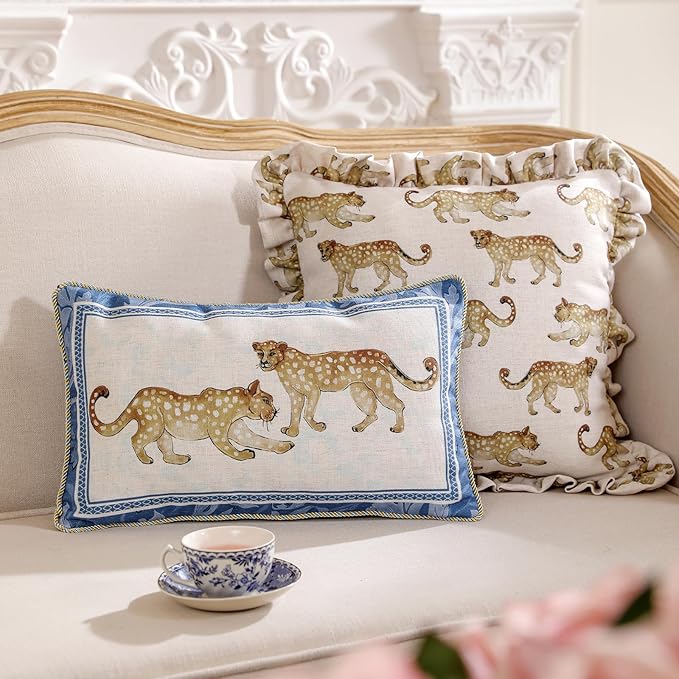 patdrea Designer Throw Pillow Covers for Couch 18"x18",Vintage Linen Pillows Cover with Cheetah Pattern and Luxury Ruffle,Farmhouse Decorative Pillowcases for Bed Living Room Outdoor Set of 2