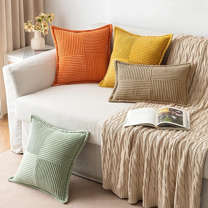 MIULEE Decorative Throw Pillow Covers for Couch Bed Livingroom 12x12 Inch Set of 2 Khaki Boho Accent Throw Pllows Broadside Striped Patchwork Soft Corduroy Pillowcases