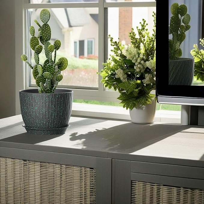 12/10/9 Inch Plant Pots, 3 Pack Large Flower Pots for Indoor and Outdoor Plants with Water Ripples, Large Plastic Flower Pots with Drainage Holes and Tray for Garden Indoor Plants