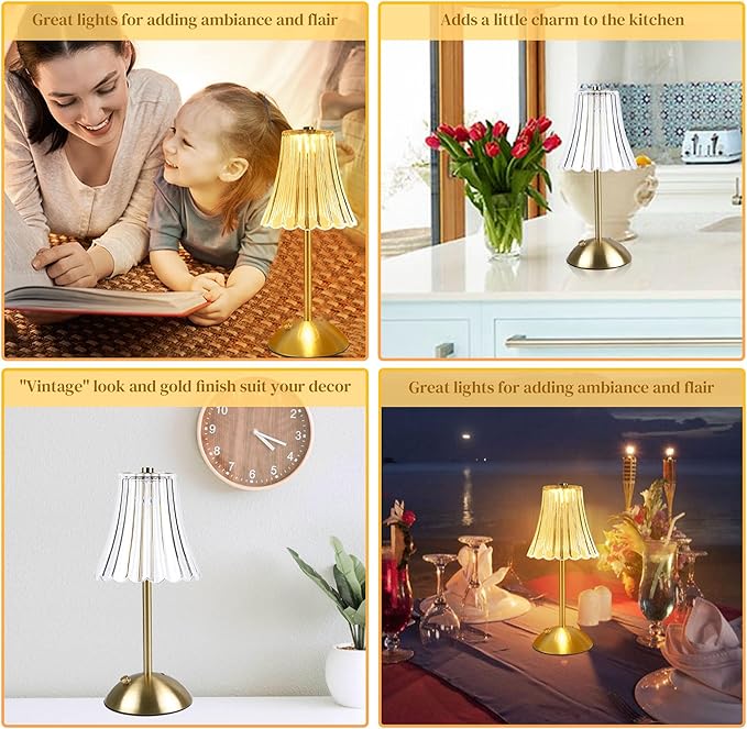 Cordless Table Lamps for Bedroom,Gold Cordless Battery Operated Table Lamp Rechargeable Decorative Bedside Dimmable Nightstand Lamp Small Touch Crystal Table Lamp,3 Color LED Lamp 2600mAh (Vintage)